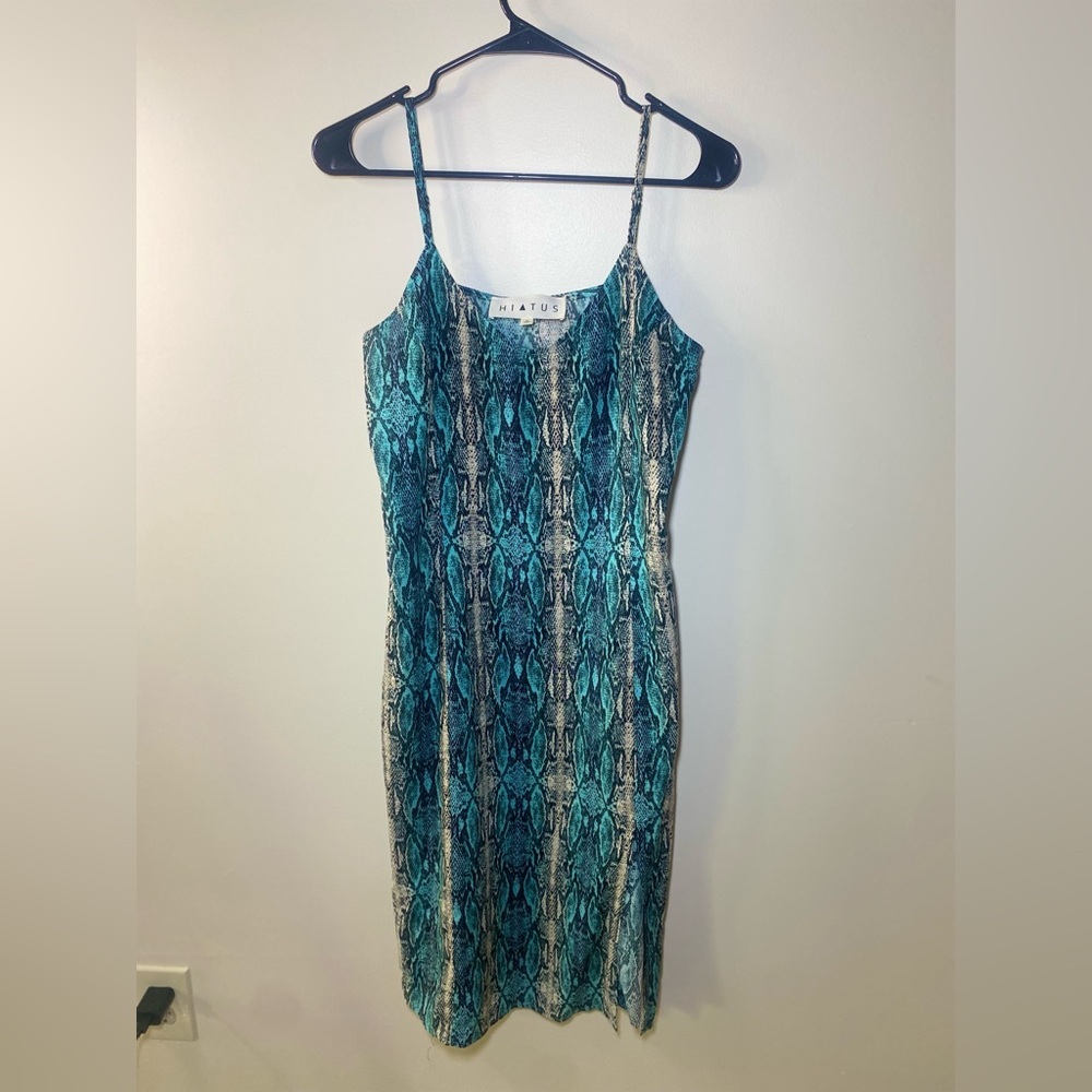 Hiatus Blue and Black Midi Slip Dress with Spaghetti Straps